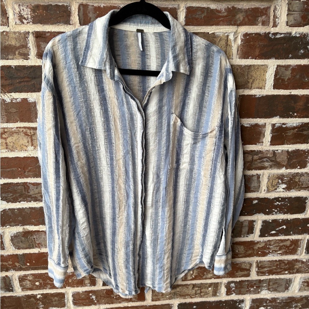 Young Fabulous & Broke Linen Blend Stripe Oversized Shirt Size XS Blue Cream